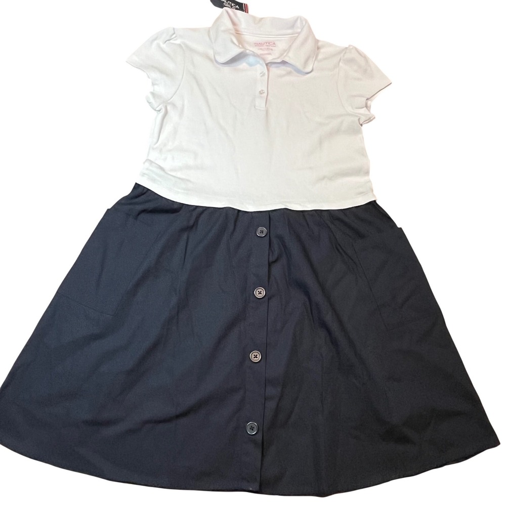Nautica Girls School Uniform Polo Dress White Navy Blue Size L 12/14 NUFDH00S